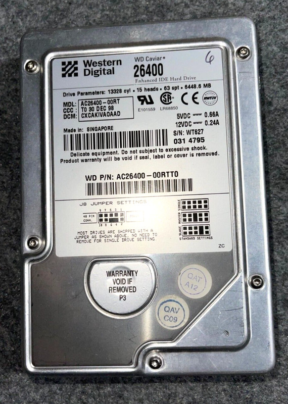 Vintage Old Western Digital WD26400 6449MB Enhance IDE Hard Drive, working!