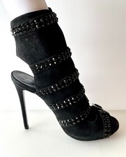 Philipp Plein Black Suede Strappy Bejeweled Booties Heels, Size 11 (US) 41 (EU)