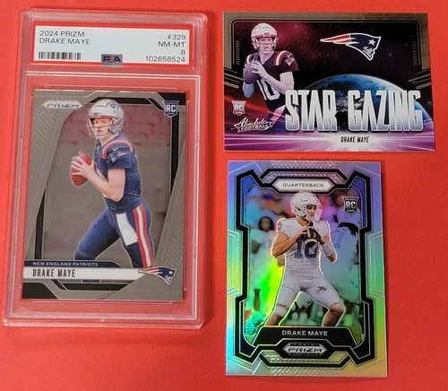 Drake Maye ROOKIE CARD PRIZM PSA 8 NM- MINT + 2024 SILVER PRIZM RC +ABSOLUTE RC