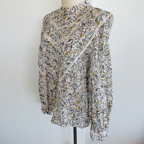 Witchery Blouse Size 14 Floral Print Lace Trim Blouson Long Sleeve 100% Cotton - Picture 13 of 21