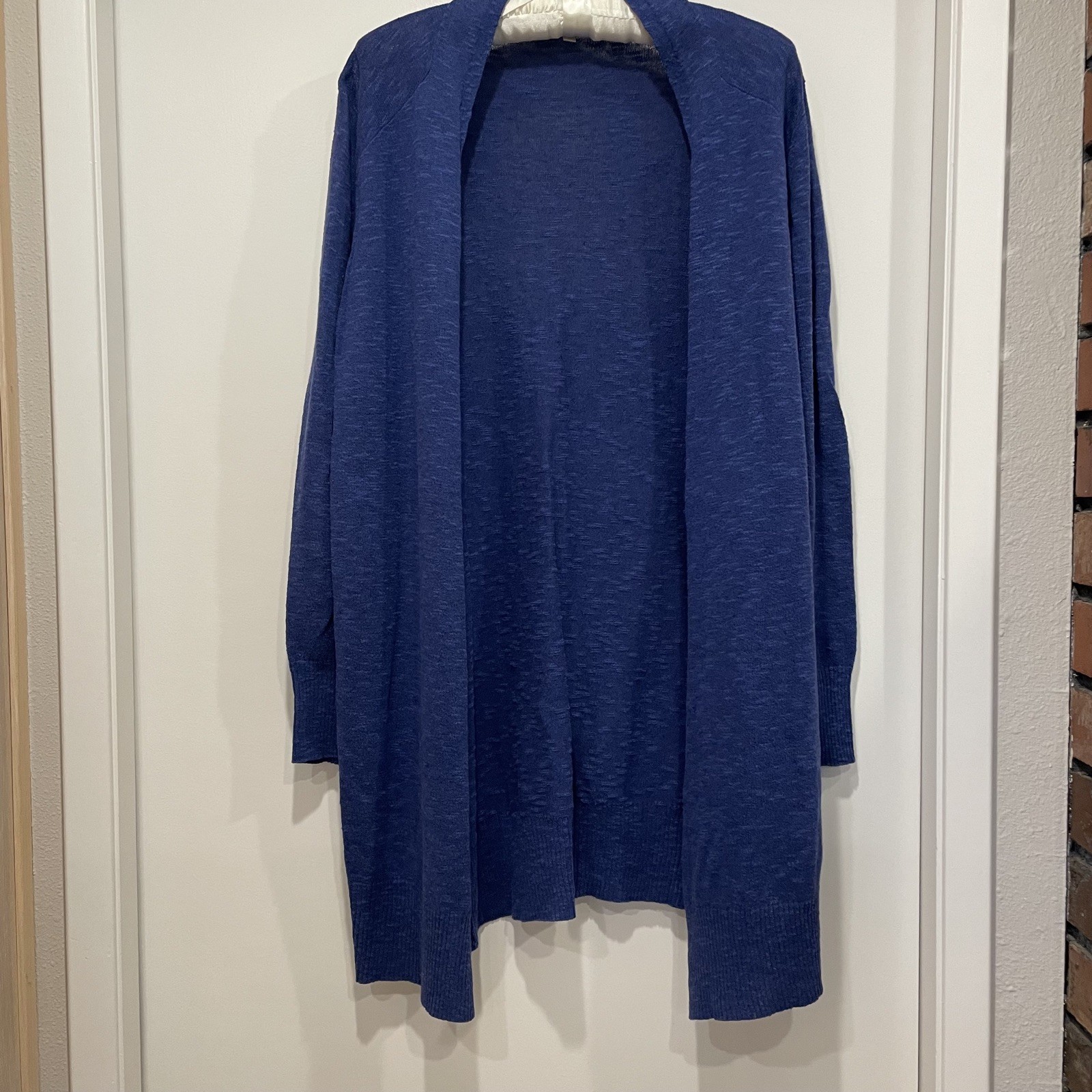 Eileen Fisher Women Blue Linen Blend Slub Knit Open Front Cardigan Sweater Large