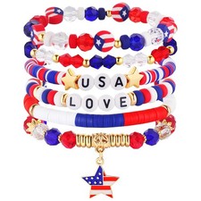 Patriotic Red White Blue Beaded Bracelets Set USA 4th of July Jewelry Accessory