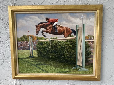 Original Werner Rentsch Oil Painting Equine Dressage Horses Jumping Large 1981