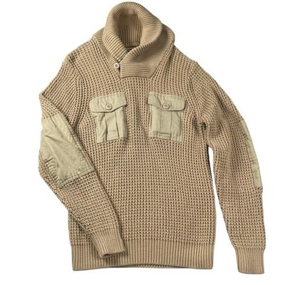 Dockers Sweater Medium Khaki Miltary Style Thick Cotton Waffle Knit Shawl Collar