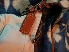 Coach Ivory Brown Shoulder Bag Zip Closure Crescent Shape Silver Hardware Tag