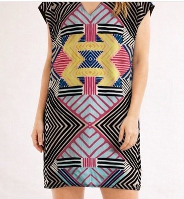 Marie Oliver Andi Dress Watercolor Weave Vibrant Retro Print Shift Sz S Hippie 