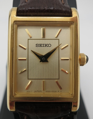 Seiko Ladies Gold-Tone Brown Leather Tank Watch - 4N30-00L8  4N30-00H0 - New Bat