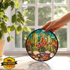 Western Cactus Sun Catcher Stained Glass Window Hanging 7.9" Round