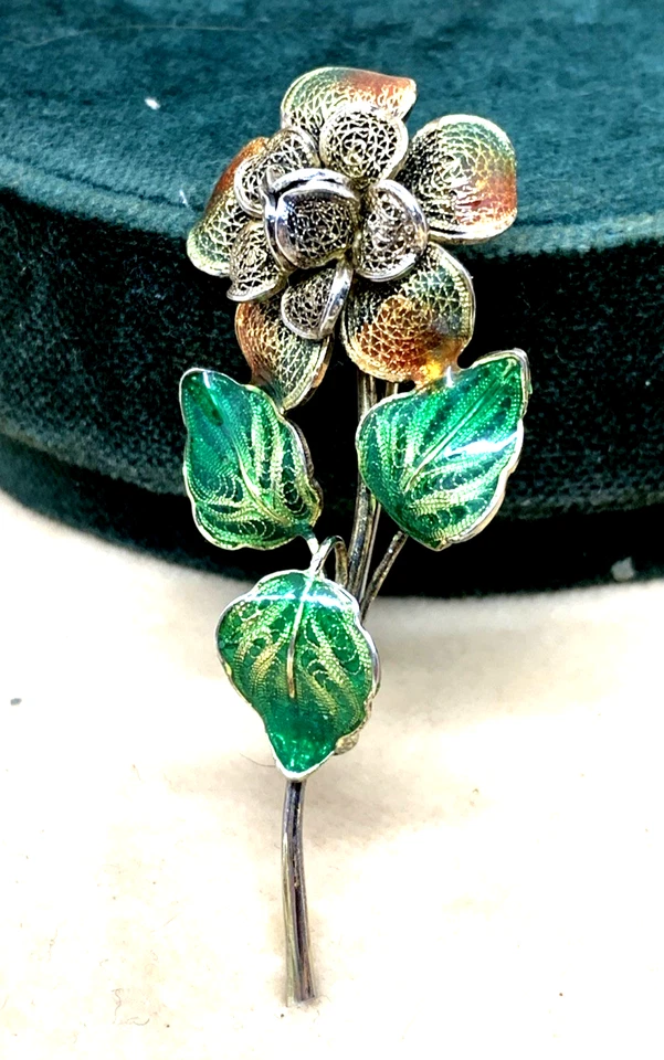 ROSA IN FILIGRANA D'ARGENTO 800 DORATA E SMALTO A FUOCO ( Genova) - Immagine 3 di 4