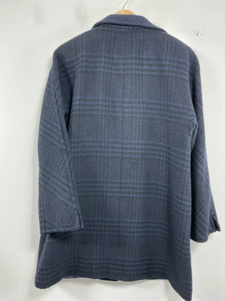 Womans Ellen Tracy Midi Length Overcoat Size 12 Blue Plaid Lined Button Up - Image 2 of 4