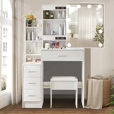 Makeup Vanity Desk with Mirror & Lights, Vanity Table with Drawers LED Dresser