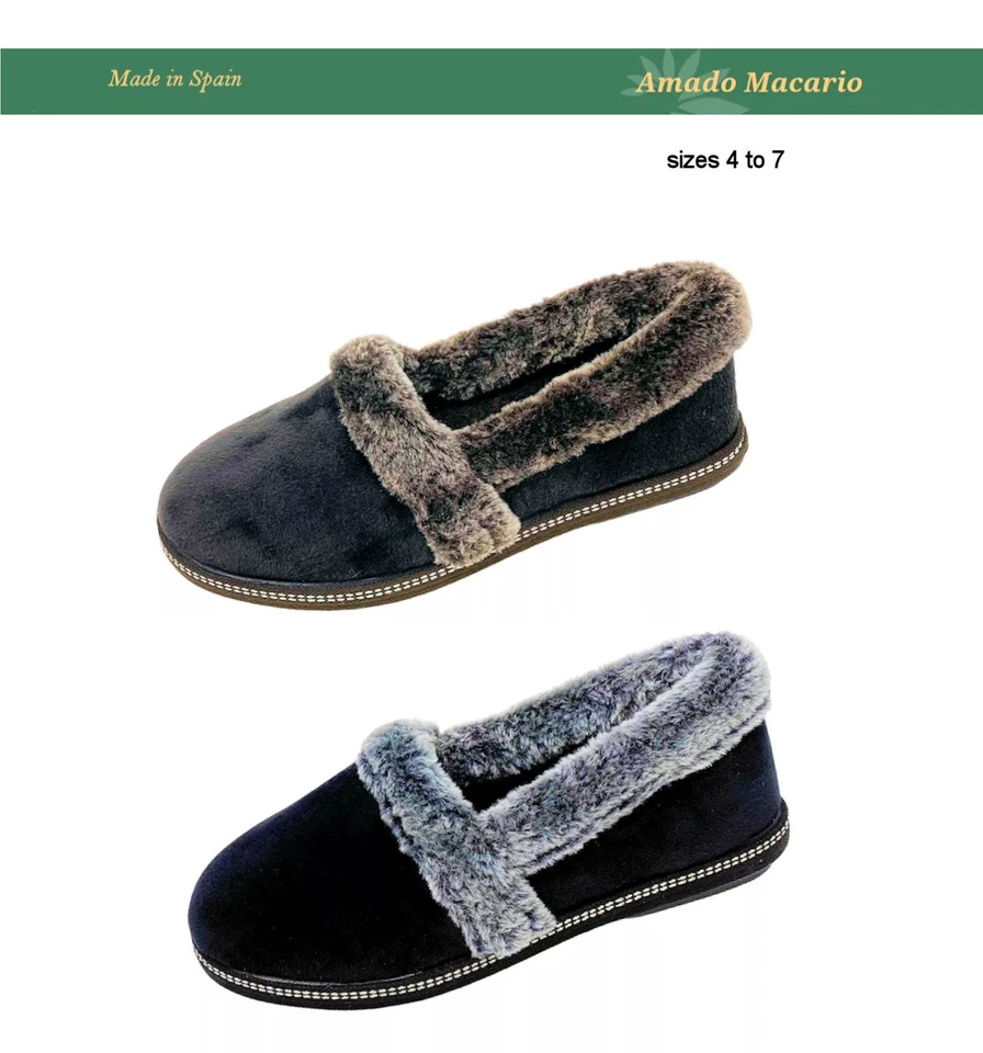 AMADO MACARIO EMILY Ladies Cosy Fur Collar Slippers Rubber Sole sizes 3 to 7 - SALE - £5