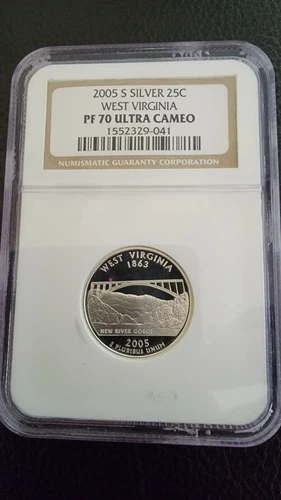 2005 S SILVER 25C "WEST VIRGINIA" COMMEMORATIVE COIN, NGC PF 70 ULTRA CAMEO