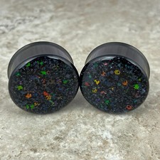 Black Steel Double Flare Plugs With Deep Space Glitter Emb-031 Gauges Pair