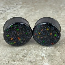 Black Steel Double Flare Plugs with Deep Space Glitter (EMB-031) gauges pair