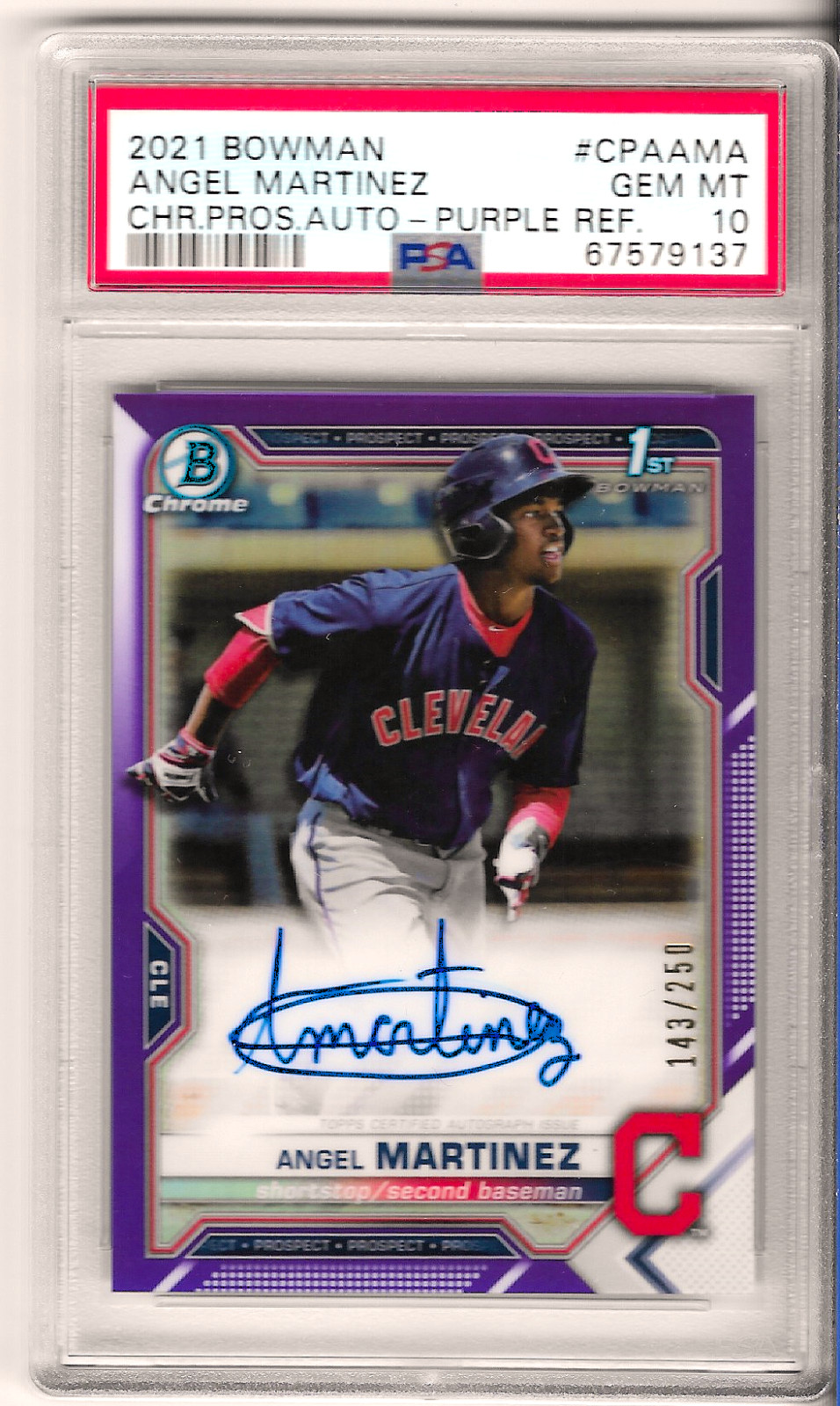 ANGEL MARTINEZ 2021 BOWMAN CHROME PURPLE REFRACTOR AUTO 1ST RC # /250 PSA 10