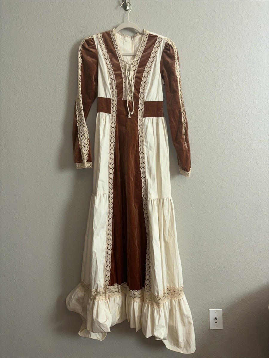 Gunne Sax 1960's Dress Gown Size 13 Velvet Brown Lace And Cream | eBay