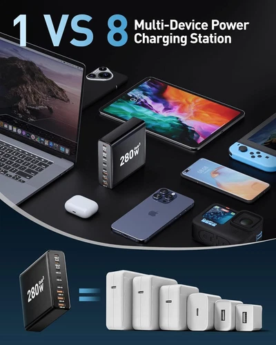 280W USB C Charger Block, 8-Port USB C Charging Station GaN III PD 65W Black - 第 3/6 張圖片