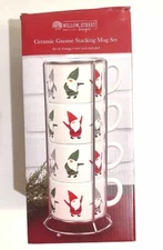 Willow Street Designs GNOME Holiday Ceramic Stacking Mugs MUG Set 4 Stand New