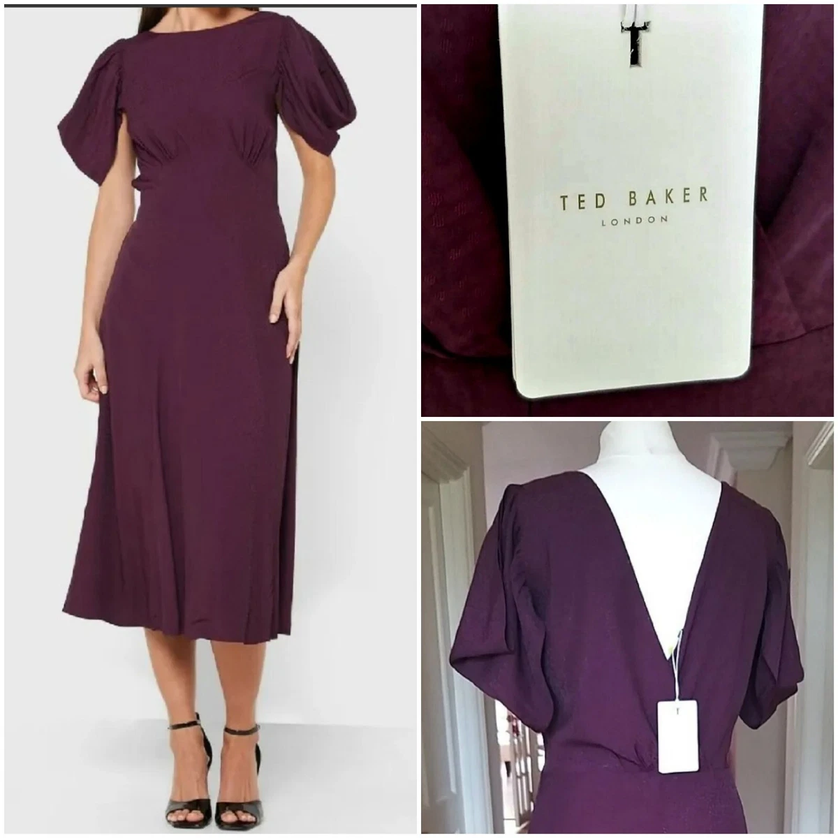 BNWT TED BAKER size 3 uk 12 Tulipi Purple Short Sleeve MIDI