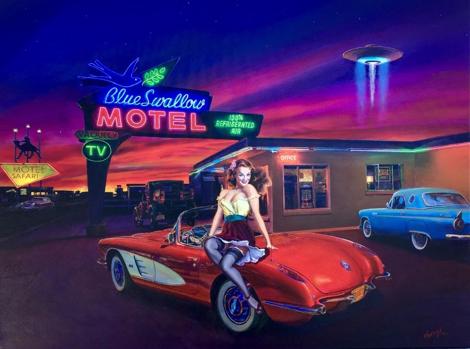 BLUE SWALLOW 28x22 VANCAS Pinup 50s CORVETTE THUNDERBIRD UFO NEON Elvgren Pin-Up - Image 2 of 4