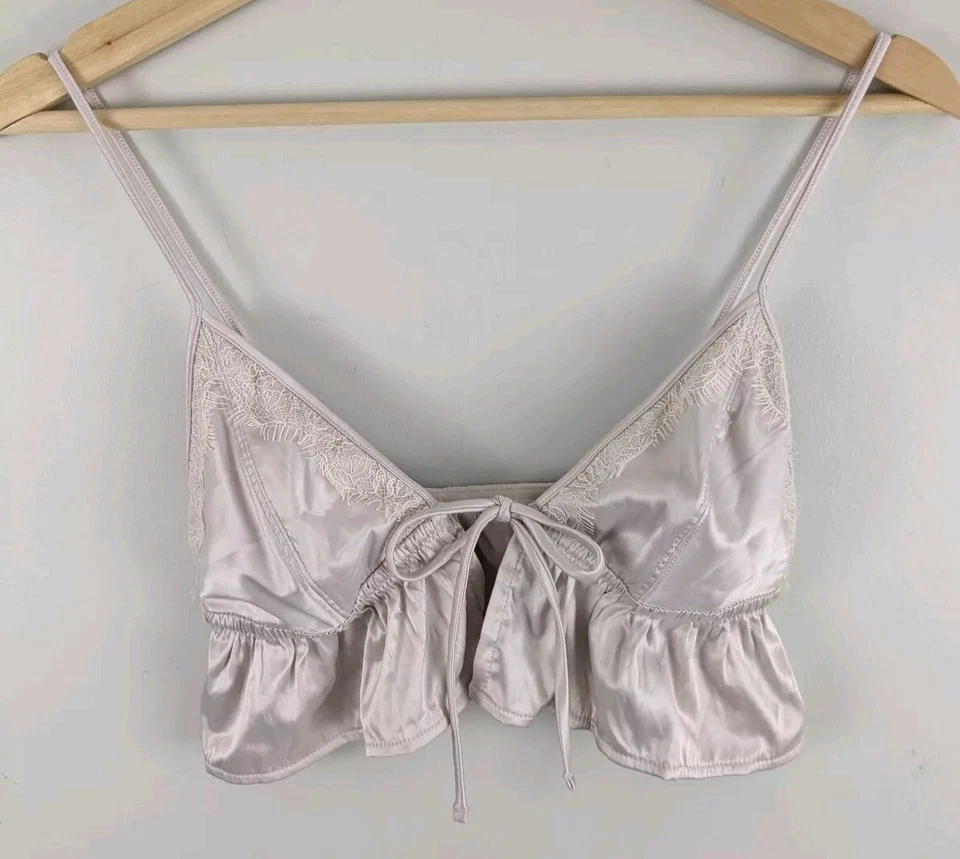 Bralette inalámbrico de encaje satinado Aerie Top lazo frontal champán suave volantes ribete S Foto 2 de 4