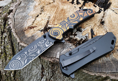 Tiger Colors Orange Black Thumb Stud Pocket Knife Deep Carry Metal Tanto