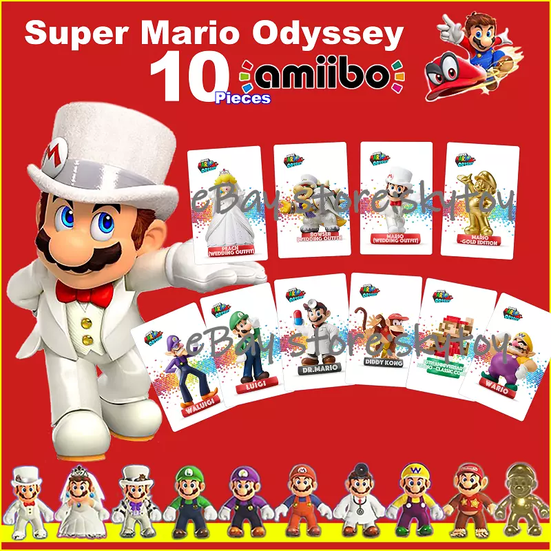 A set of 10 Super Mario Odyssey NFC Tag Amiibo Game Cards For