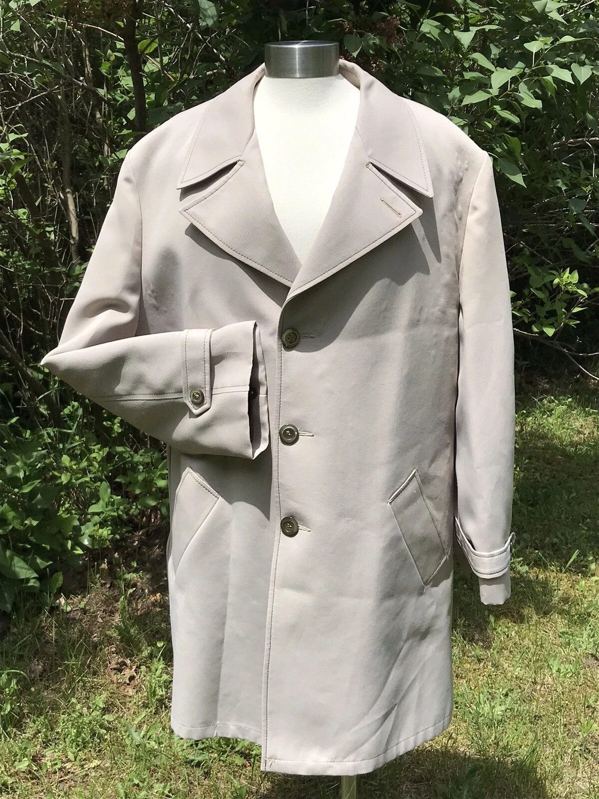 BOTANY Vtg Long RAINCOAT Rain Trench Coat Mens Tan removeable liner 44R