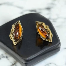 Vintage Emmons Gold Tone Amber Glass Huggie Clip-on Earrings Mid Century Retro
