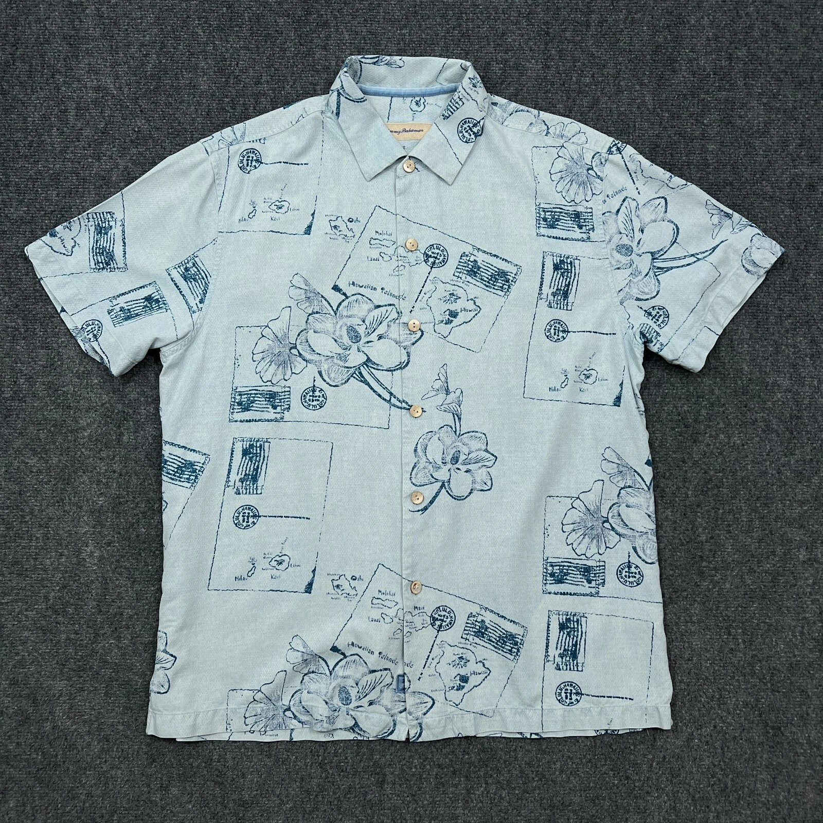 Tommy Bahama Mens Silk Hawaiian Shirt Large Blue Button Islands Postcard Floral