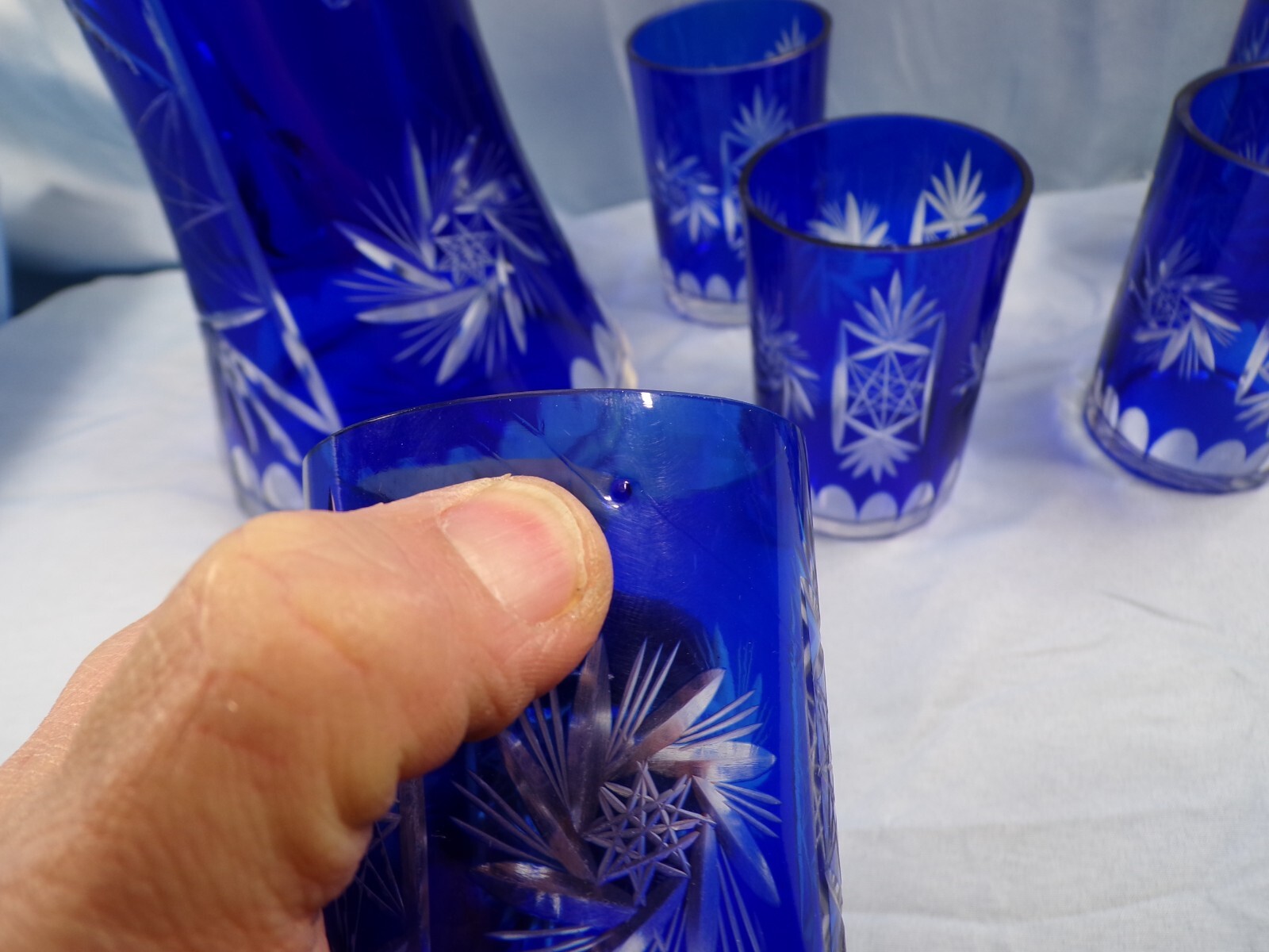 Cobalt Blue Cut to Clear Crystal Water Set - Pitcher & 5 Tumblers