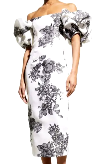 Monique Lhuillier Off-The-Shoulder Puff-Sleeve Midi Dress, Silk White / Noir, Women's, 4, Off-The-Shoulder Dresses