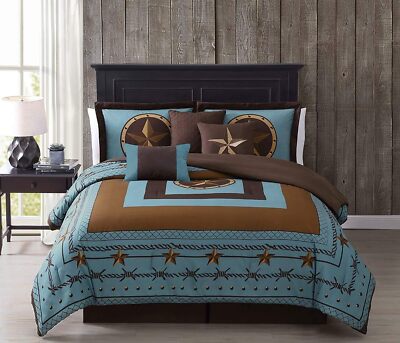 7pcs Turquoise Brown Printed Texas Star Western Cowboy Oversized Comforter Set