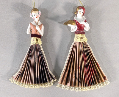 Two (2) Vintage 7'' Porcelain Half-Doll Fan Ornaments - Pleated Skirts