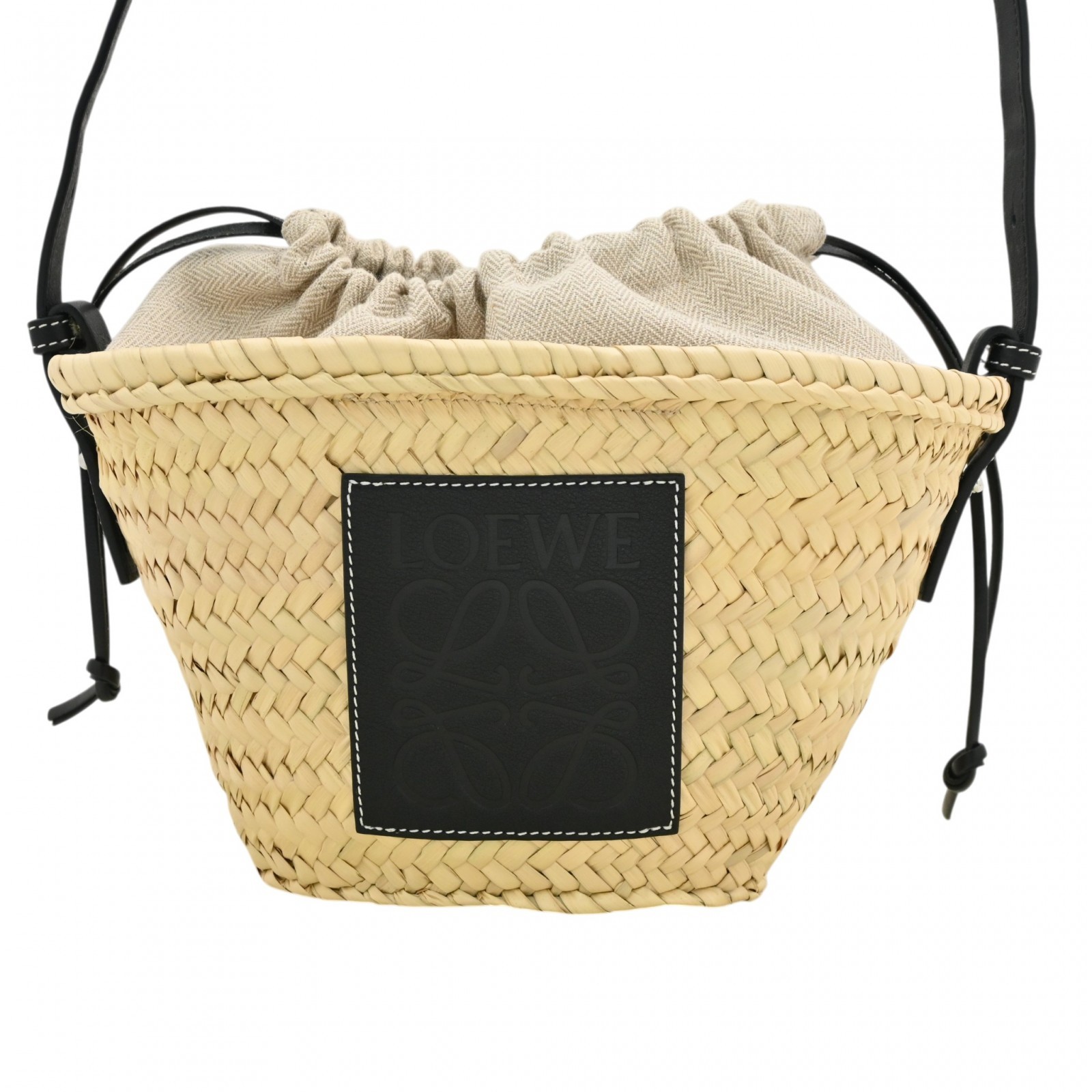 Auth LOEWE Logo Drawstring Bucket Bag Basket Beige Black lo8158hh