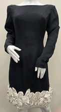 Vintage Black Cocktail Dress Size 6 Made in USA Rosette Hem Long Sleeve Sheath