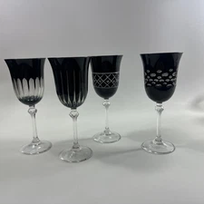 Set of 4 - Crystal Le Stelle Gioielle Da Tavola Wine Goblets 8" Black & Clear
