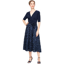 Alex Evenings Women's Tea Length Jersey and Rosette Lace Dress, Navy, 16R
