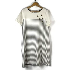 Joules Womens Shirt Shift Dress Size 14 Navy Blue Striped Embroidered Bee