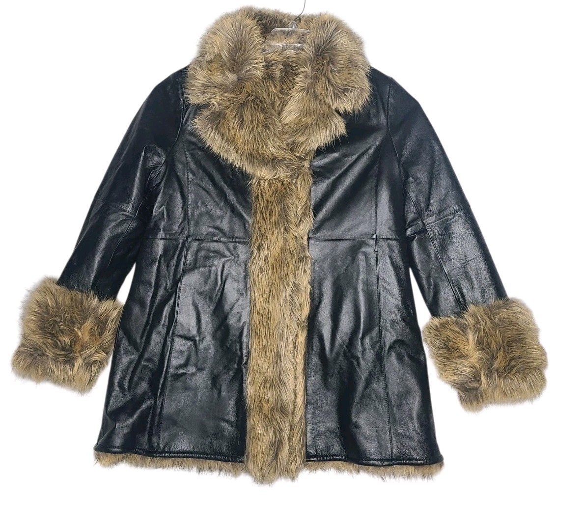 Y2K Penny Lane Boho Black Leather Faux Fur Trim Long Jacket Coat