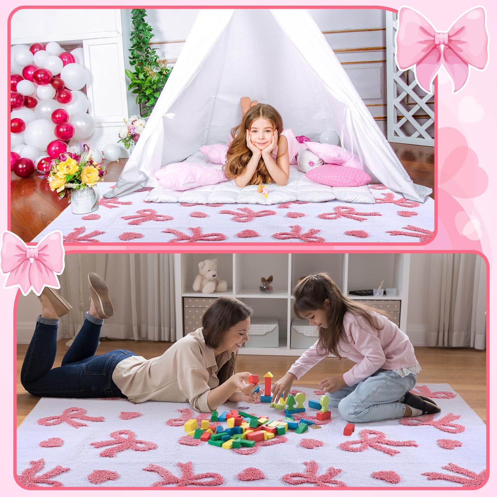 3D Large Bow Area Rug 4 x 6 ft Pink Heart Bedroom Rug Non-Slip Coquette Carpe...