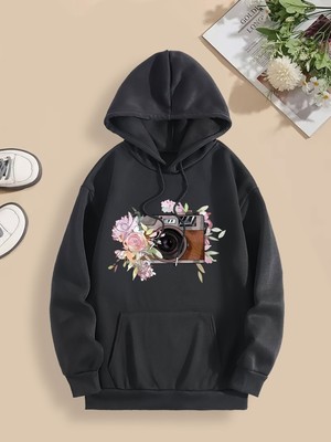 Brain Floral Print Kangaroo Pocket Drawstring Hooded Sweatshirt Womens