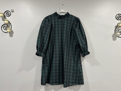 J. Marie Joyce Blue Green Plaid Bow Tie Ruffle Collar Dress Large L