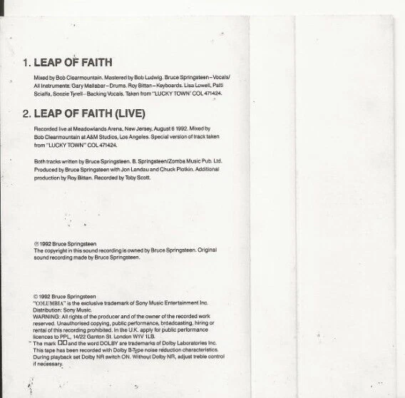 BRUCE SPRINGSTEEN LEAP OF FAITH STUDIO + LIVE VERSIONS RARE UK CASSETTE SINGLE - Image 2 of 2