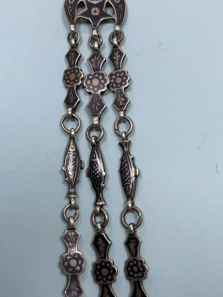 Antiguo Collar Colgante Pez Amuleto Plata Niello Otomano Dije Vintage 70g R Foto 2 de 4