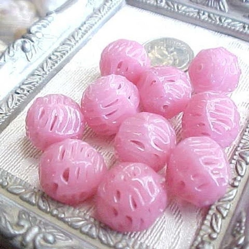 10 Vintage Bubblegum Opal Pink Netted Lace Czech Handmade Lampwork Beads 14mm