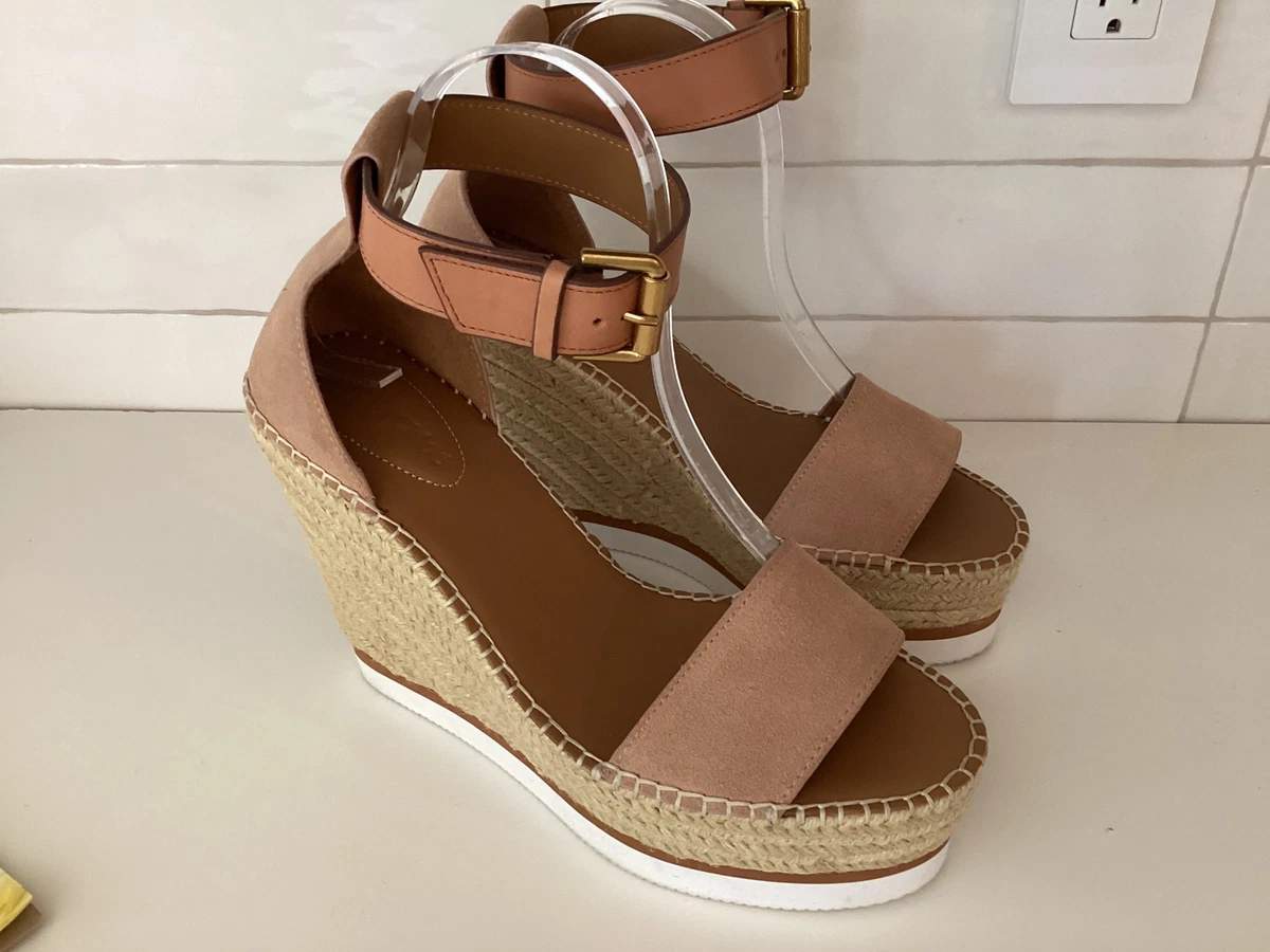 See by Chloe Glyn Wedge Platform Sandals Tan Suede Sz 41 US 10 NEW