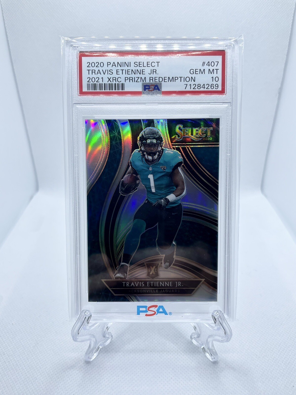Travis Etienne Jr Rookie 2020 Select 2021 XRC Prizm Redemption #407 RC SP PSA 10