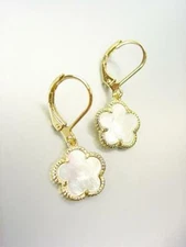 NEW 18kt Gold Plated Mother Pearl Shell Flower Lever Back Petite Dangle Earrings